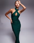 [Vesper] Vesper bengaline cross front halterneck keyhole detail midaxi dress in emerald green 14 Emerald