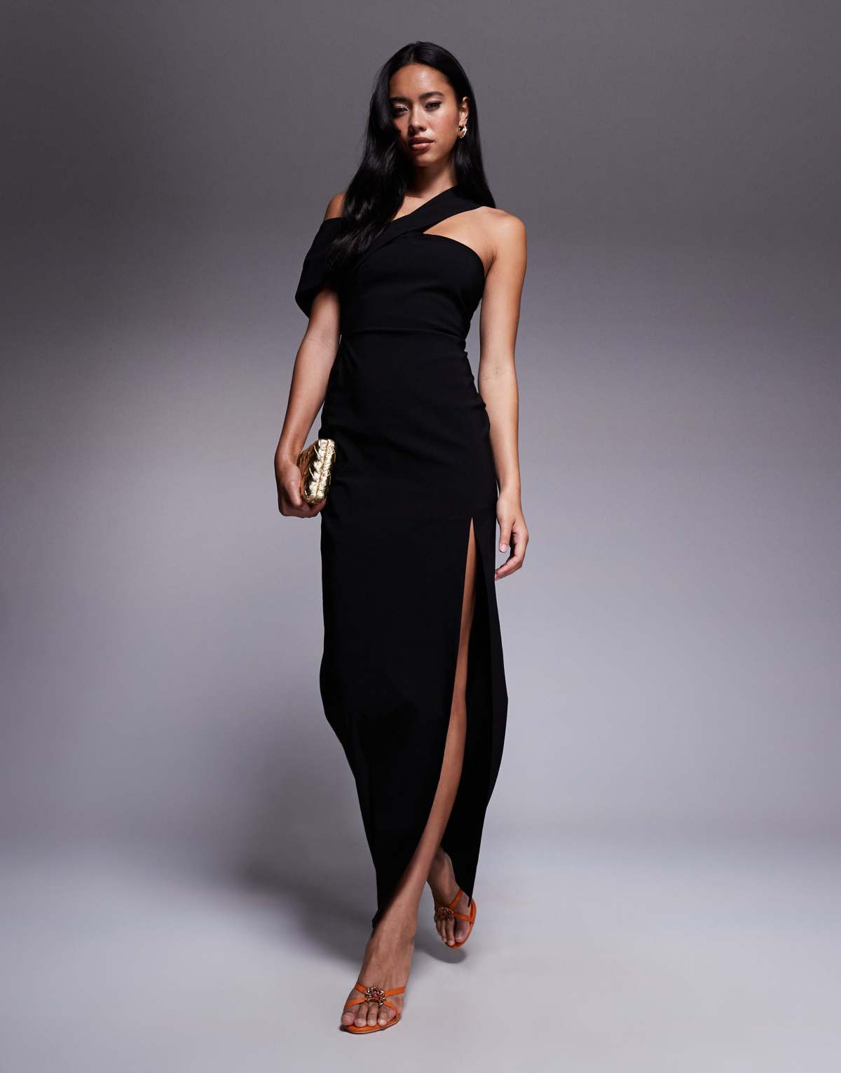 Vesper bengaline cross front off shoulder maxi dress in black