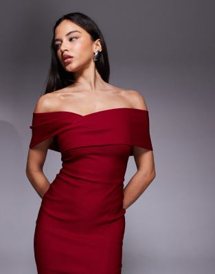 Vesper Bengaline Cross Front Off-shoulder Maxi Dress In Red