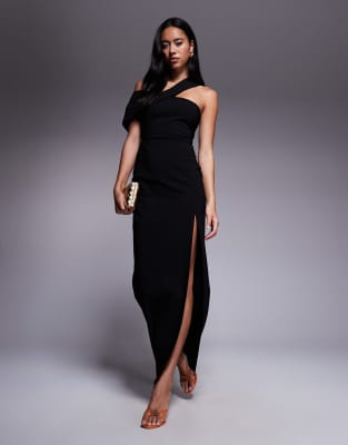 Vesper Bengaline Cross Front Off The Shoulder Maxi Dress In Black