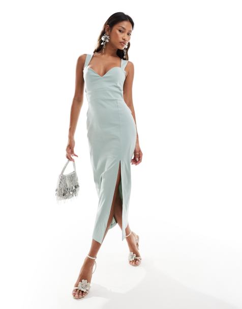 Vesper bengaline cut out detail front split midaxi dress in sage green - view 1