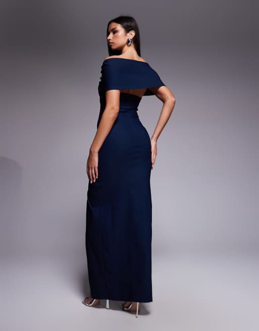 Vesper bengaline deep bardot cinch detail side slit maxi