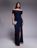 [Vesper] Vesper bengaline deep bardot cinch detail side split maxi dress in navy 8 NAVY