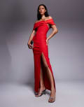 [Vesper] Vesper bengaline deep bardot cinch detail side split maxi dress in red 14 RED