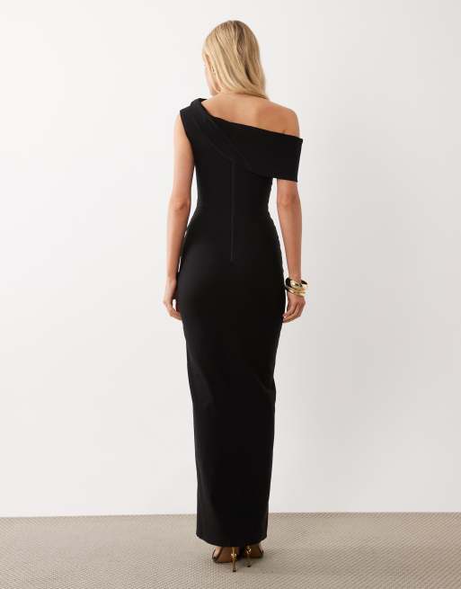 Vesper bengaline drape off shoulder maxi dress in black, 2 of 4