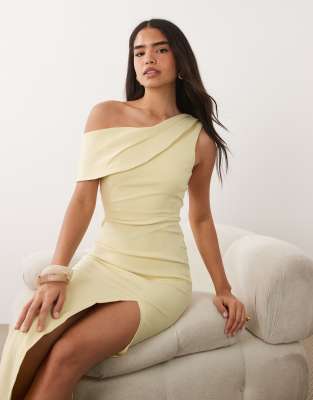 Vesper Bengaline Drape Off Shoulder Maxi Dress In Neutral