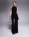 [Vesper] Vesper bengaline drape side detail wide leg jumpsuit in black 6 BLACK