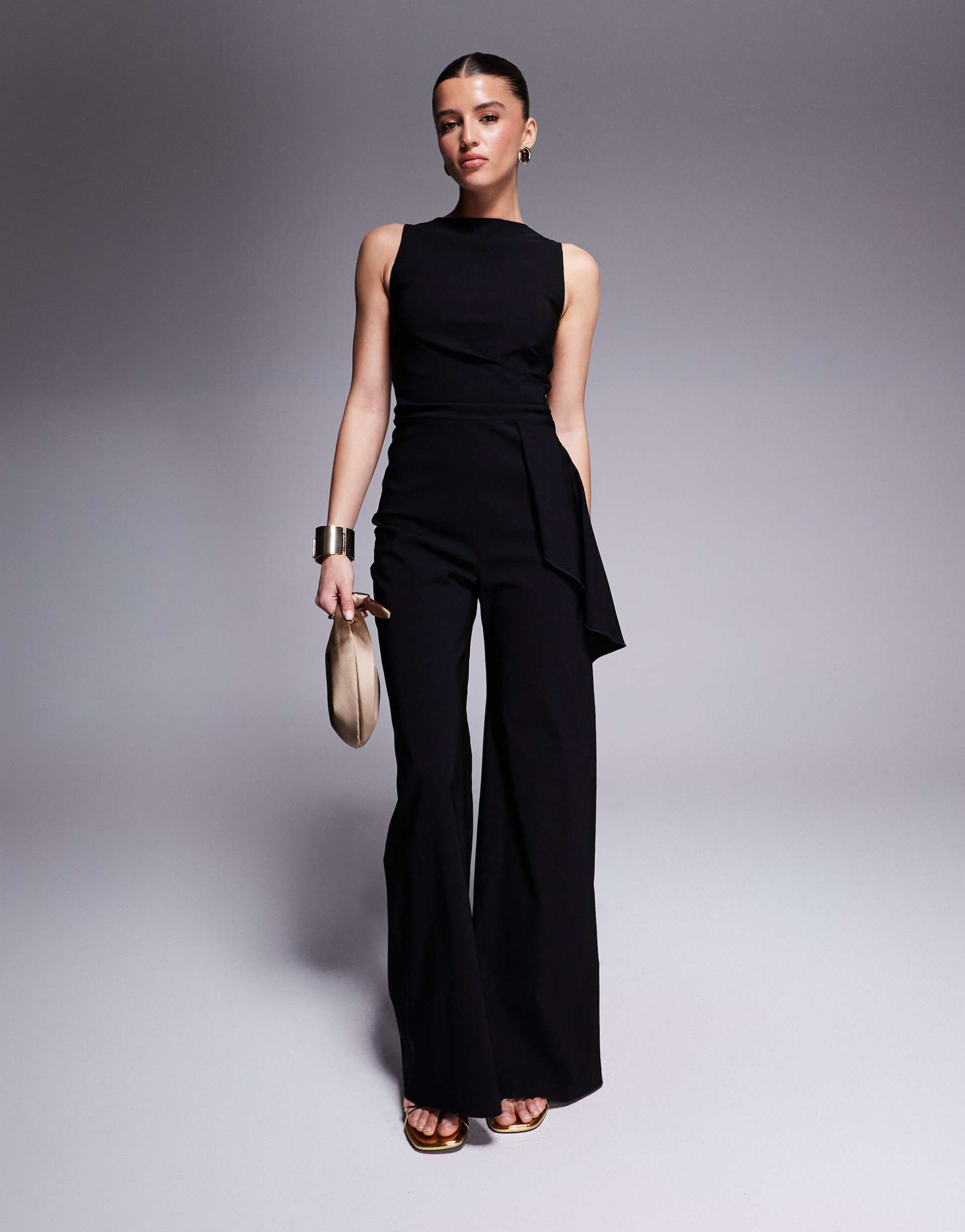 vesper bengaline drape side detail wide leg jumpsuit in black