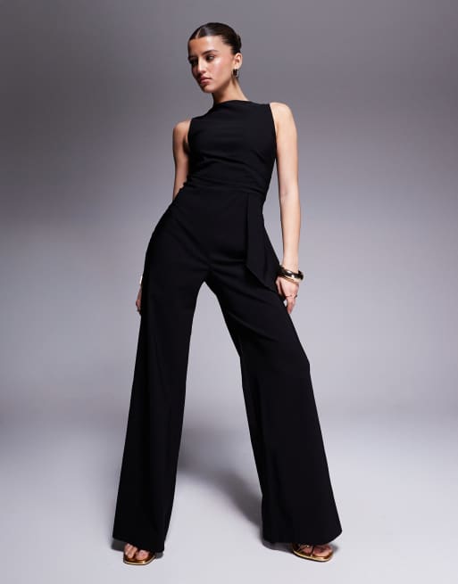 Vesper bengaline drape side detail wide leg jumpsuit in black, 3 of 4