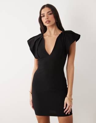 Vesper Bengaline Exaggerated Shoulder Mini Dress In Black