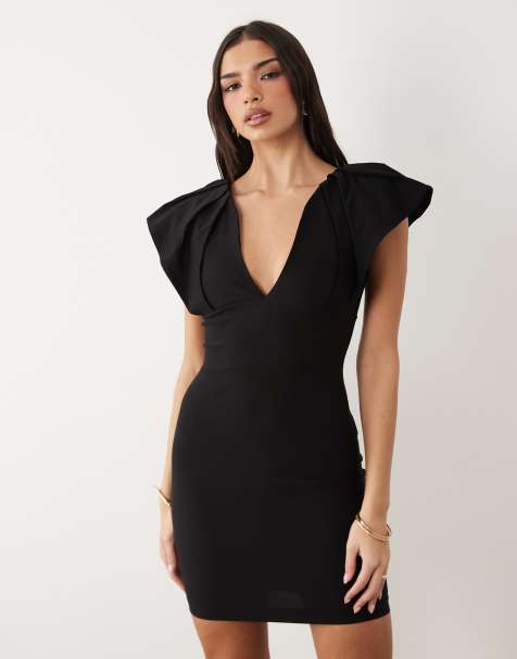 Vesper bengaline exaggerated shoulder mini dress in black - view 1