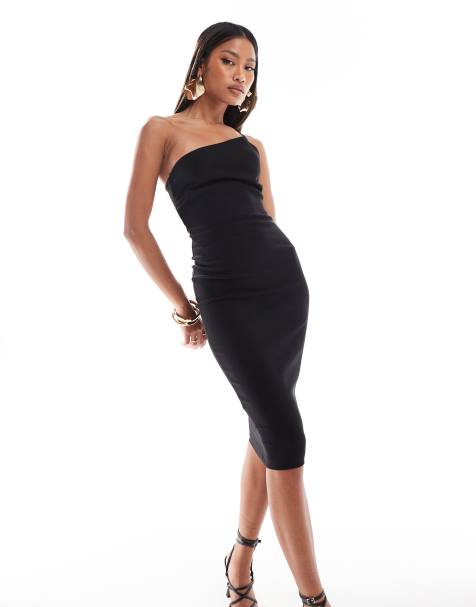 Vesper bengaline exclusive asymmetric one shoulder midi dress in black - view 1