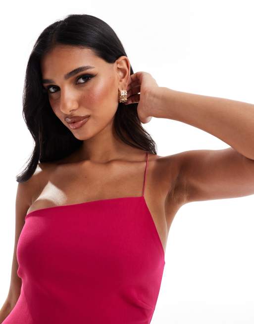 Vesper bengaline exclusive asymmetric one shoulder midi dress in fuchsia pink, 2 of 4