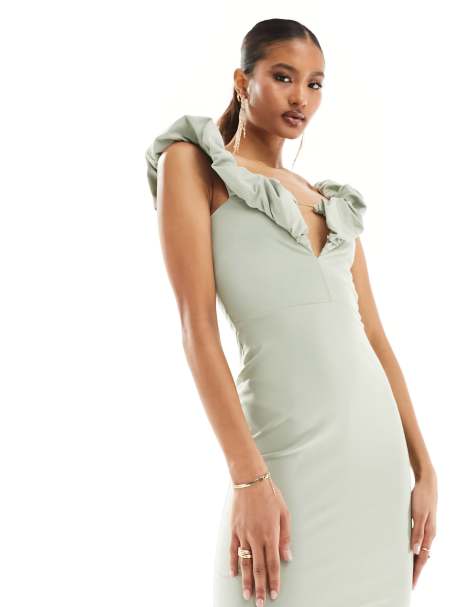 Vesper bengaline exclusive ruffle bardot bodycon midi dress in olive green - view 1