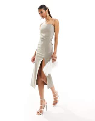 bengaline exclusive strappy detail thigh split midi dress in stone-Gray