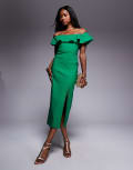 [Vesper] Vesper bengaline frill bardot side split midi dress in emerald-Green 6 Emerald green