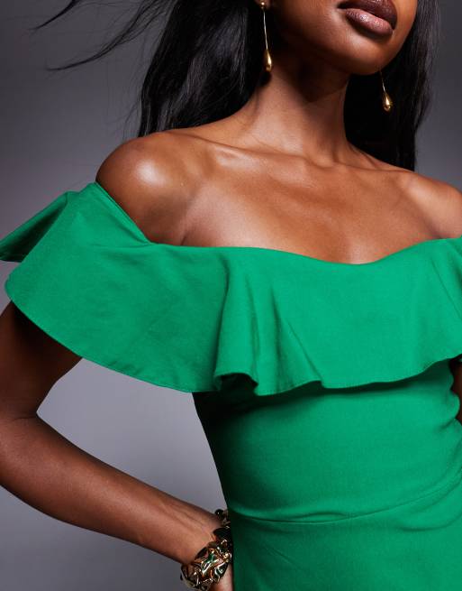 Vesper bengaline frill bardot side split midi dress in emerald, 2 of 4