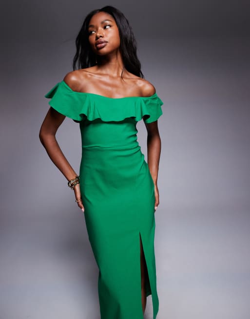 Vesper bengaline frill bardot side split midi dress in emerald, 3 of 4