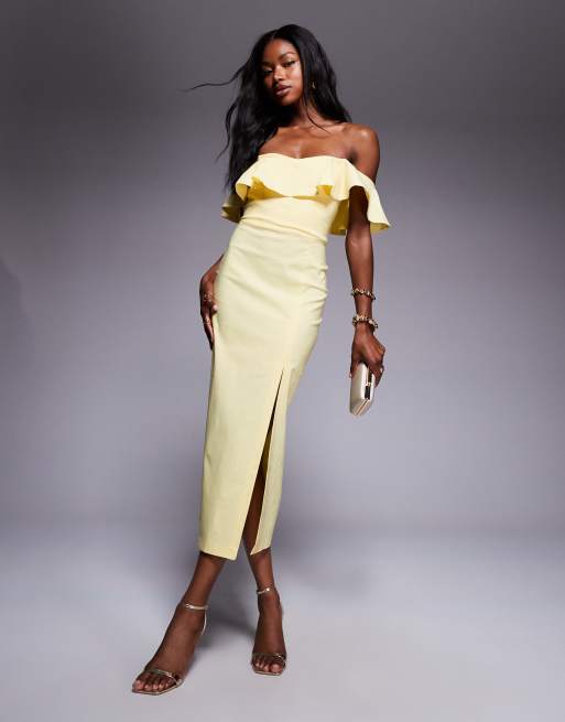 Vesper bengaline frill bardot side split midi dress in lemon