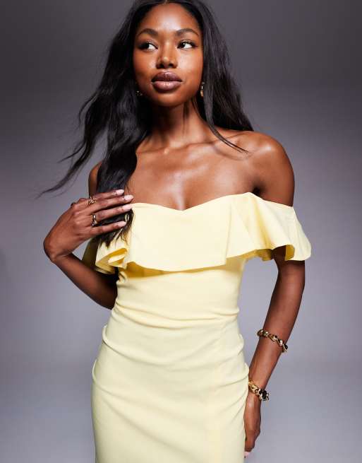Vesper bengaline frill bardot side split midi dress in lemon