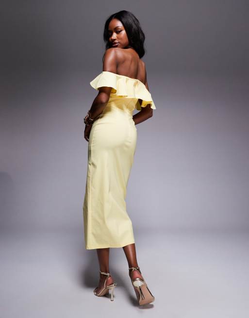 Vesper bengaline frill bardot side split midi dress in lemon
