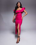 [Vesper] Vesper bengaline frill bardot side split midi dress in pink 8 PINK