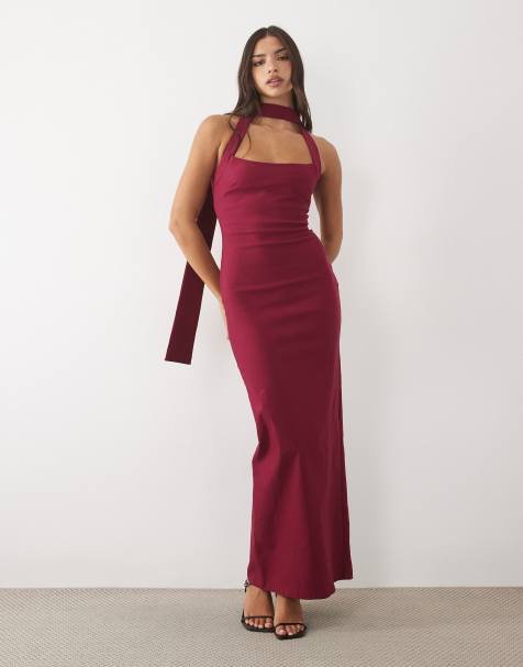 Vesper bengaline halter neck drape detail maxi dress in berry - view 1