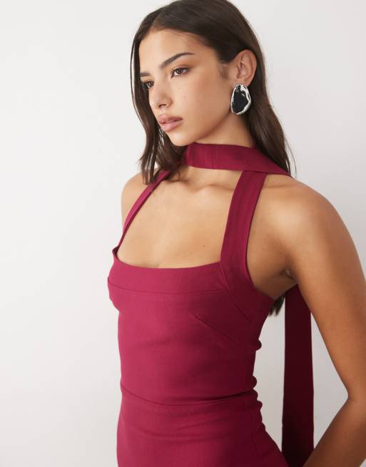 Vesper bengaline halter neck drape detail maxi dress in berry, 3 of 4