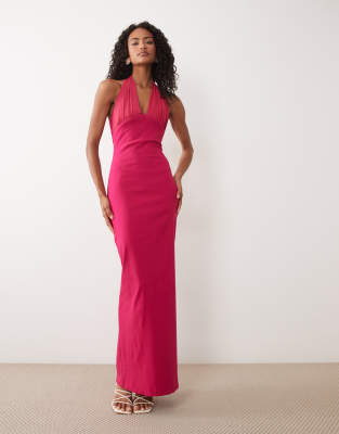 Vesper Bengaline Halter Scoop Neck Maxi Dress In Pink
