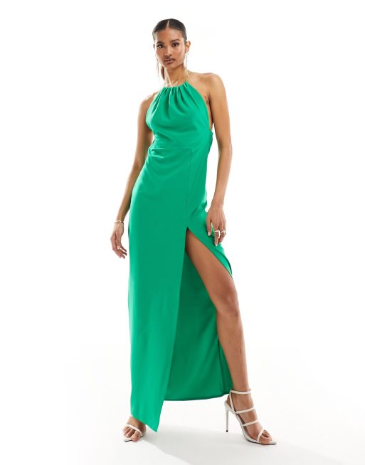 Vesper bengaline halterneck cross back maxi dress in green