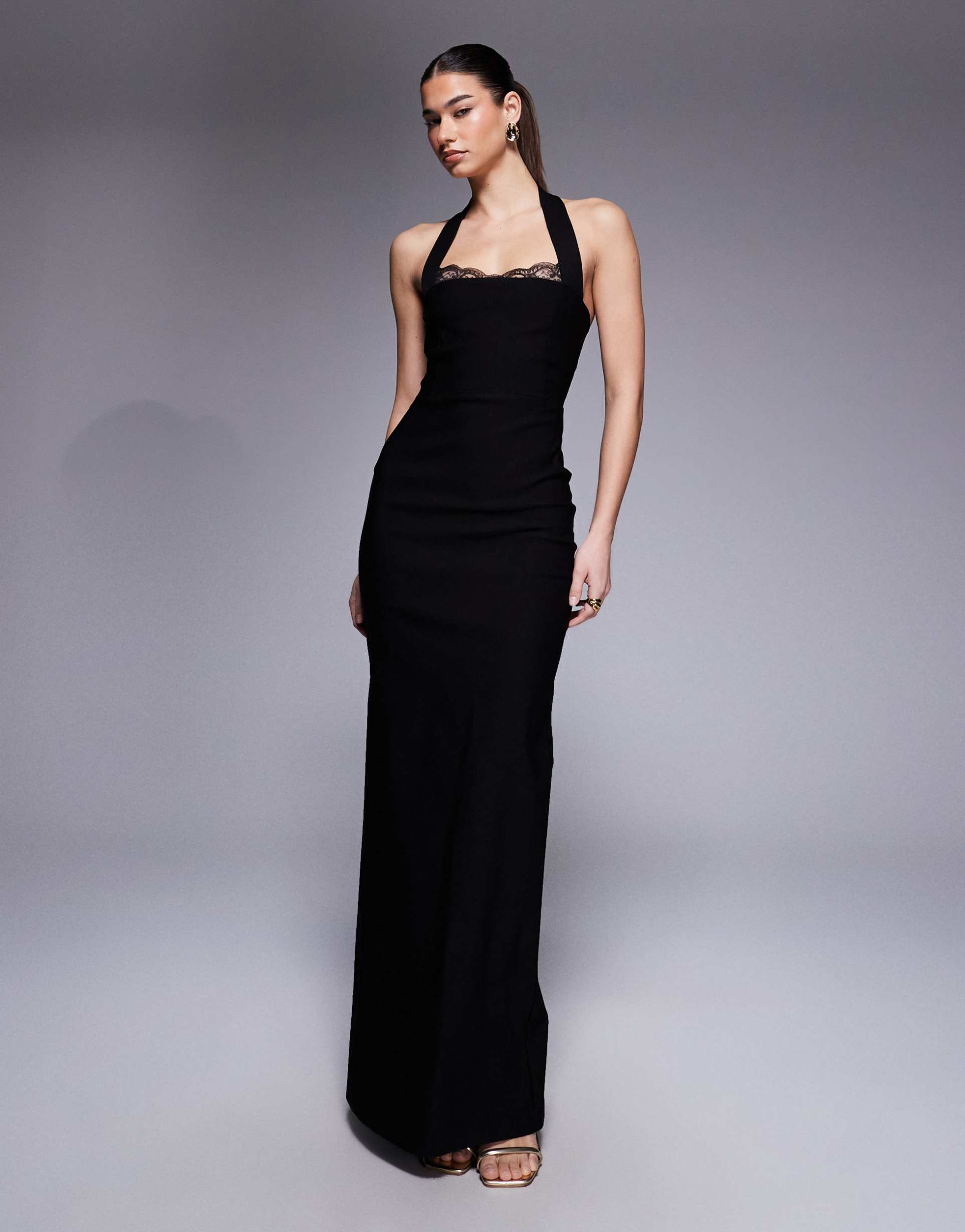 vesper bengaline halterneck lace trim scoop neck maxi dress in black