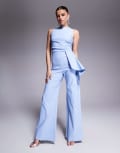 [Vesper] Vesper bengaline high neck drape side detail wide leg jumpsuit in baby blue 6 Baby blue