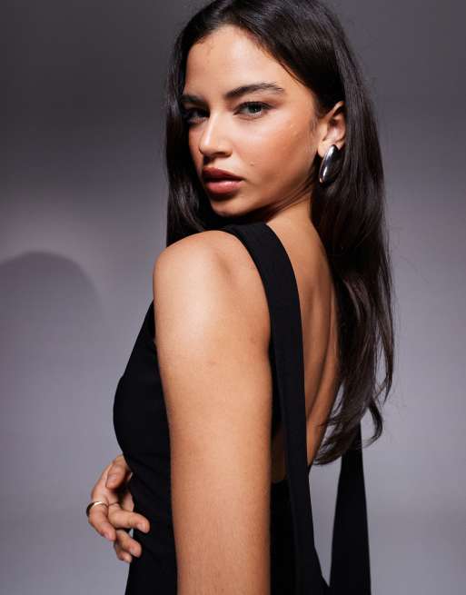 Vesper bengaline high neck low drape back detail maxi dress in black, 4 of 4