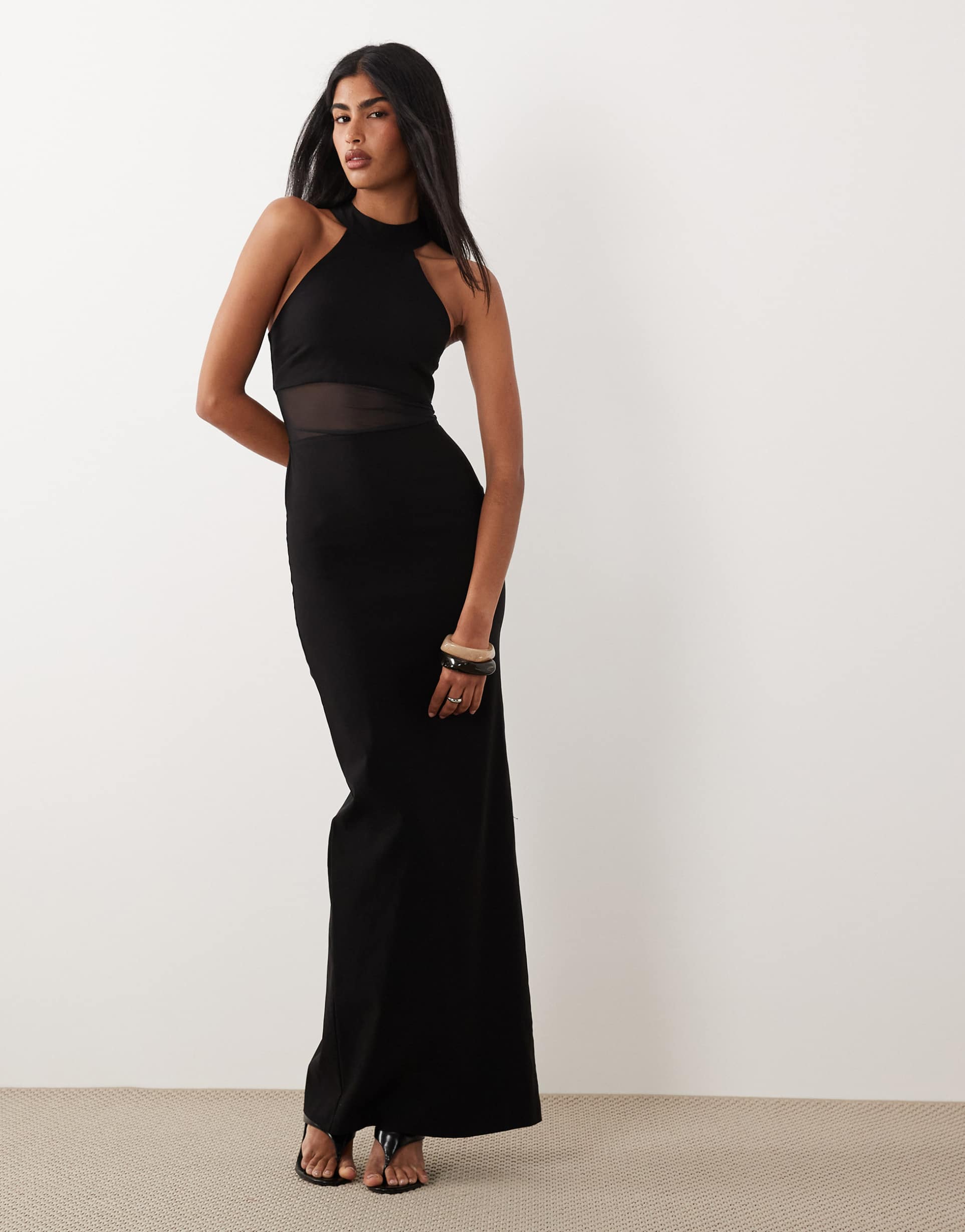 vesper bengaline high neck mesh insert maxi dress in black