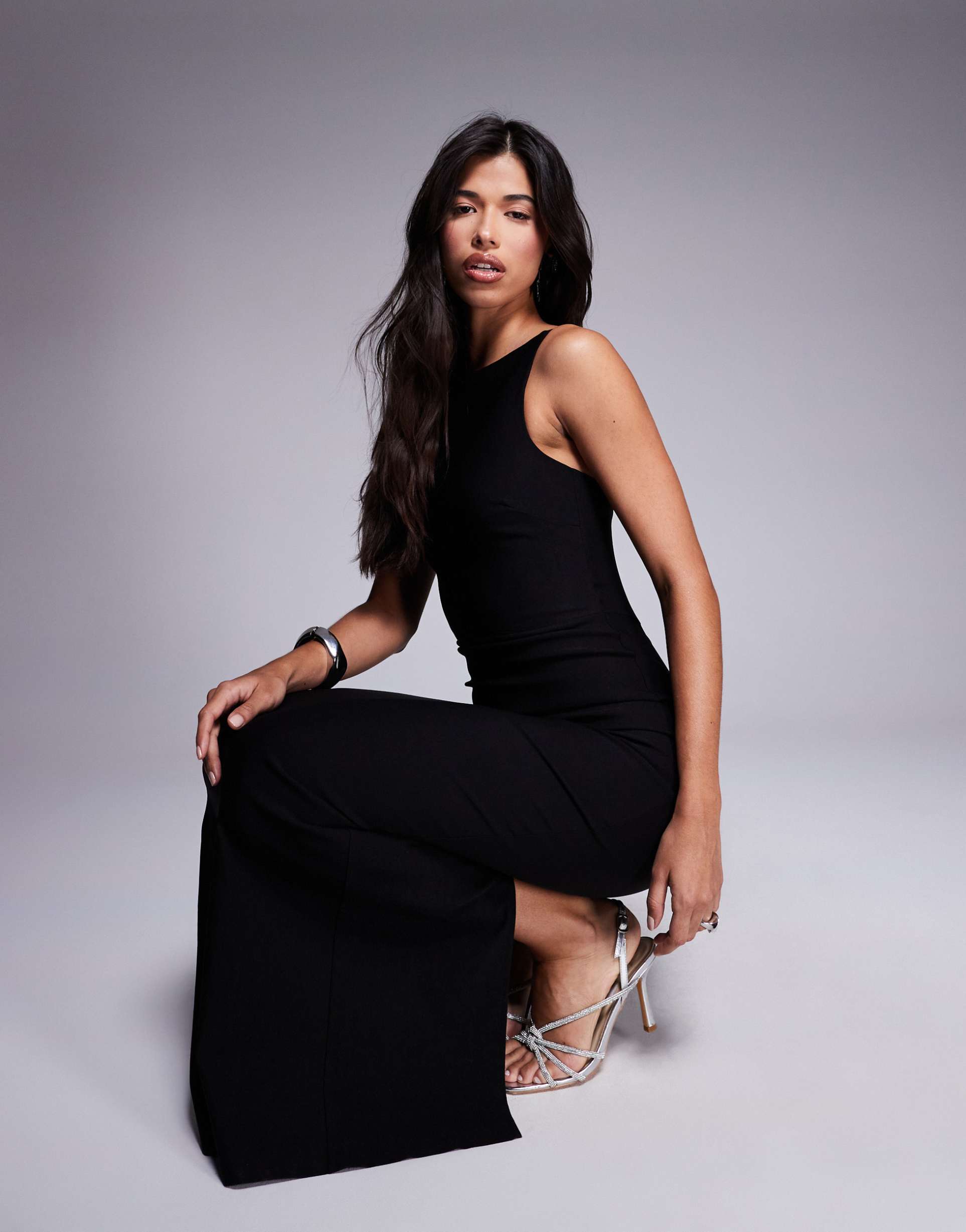 vesper bengaline high neck open back maxi dress in black