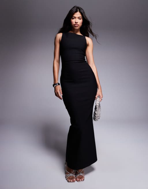 fitted lace wedding dress Devika Ruched Open-Back Maxi Dress in Black