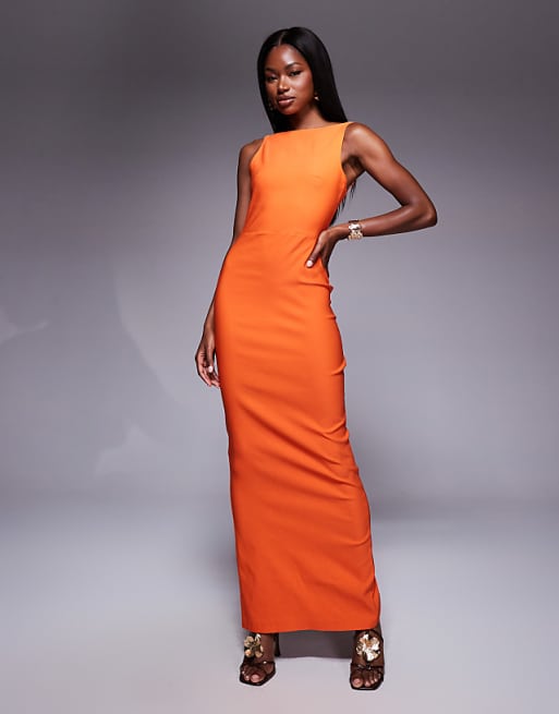 orange backless dress Babyboo Thekla Maxi in Burnt Size L A side slit and flowing cut bring sensuality and elegance Orange V-Neck Backless Bow Back