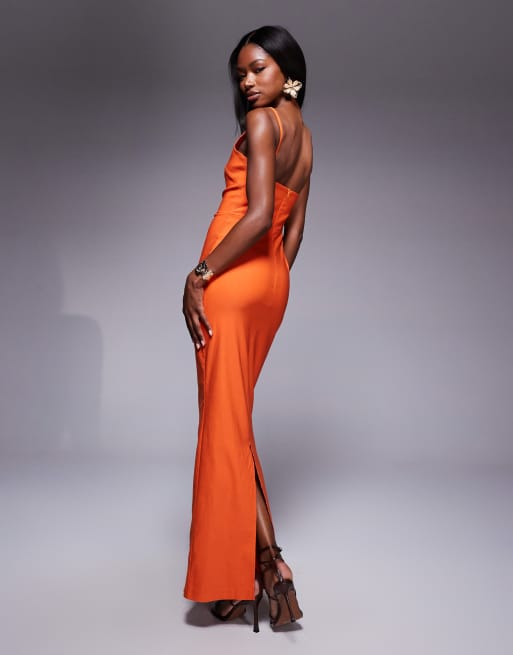 Vesper bengaline high neck open back maxi dress in orange, 2 of 4