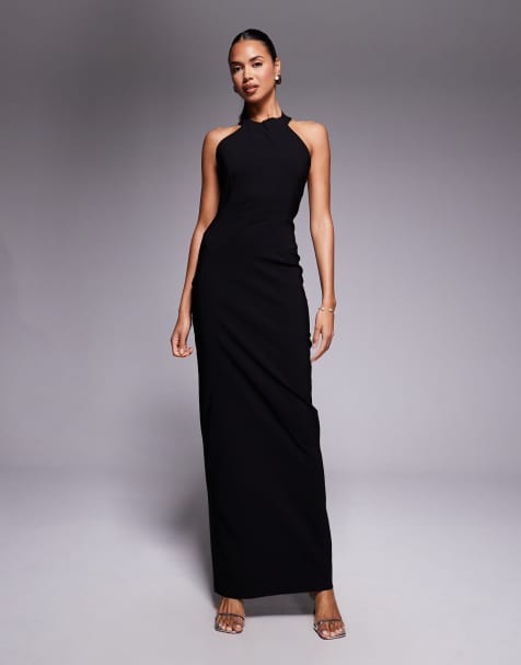 Vesper bengaline high scoop halterneck low back maxi dress in black - view 1
