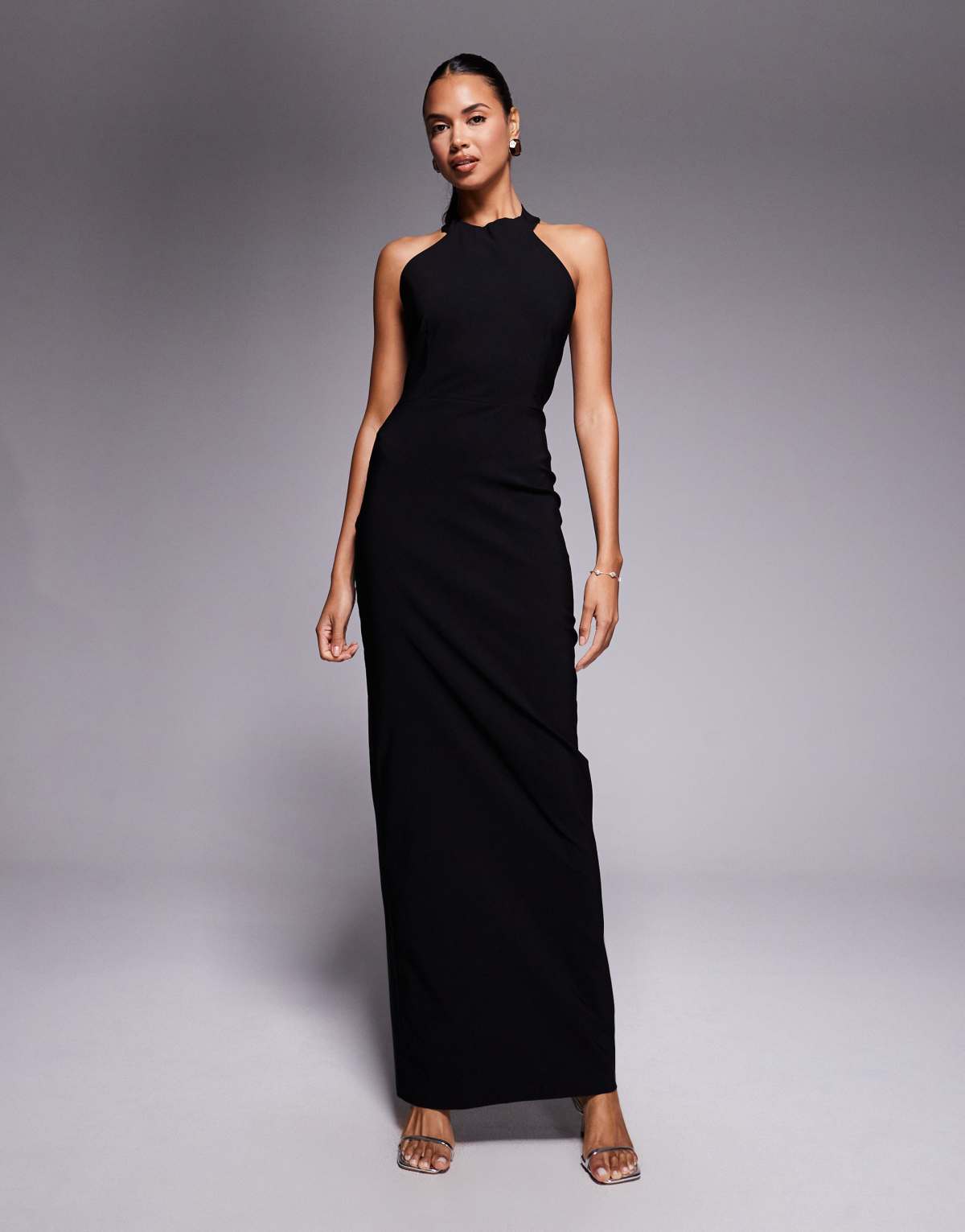 Vesper bengaline high scoop halterneck low back maxi dress in black