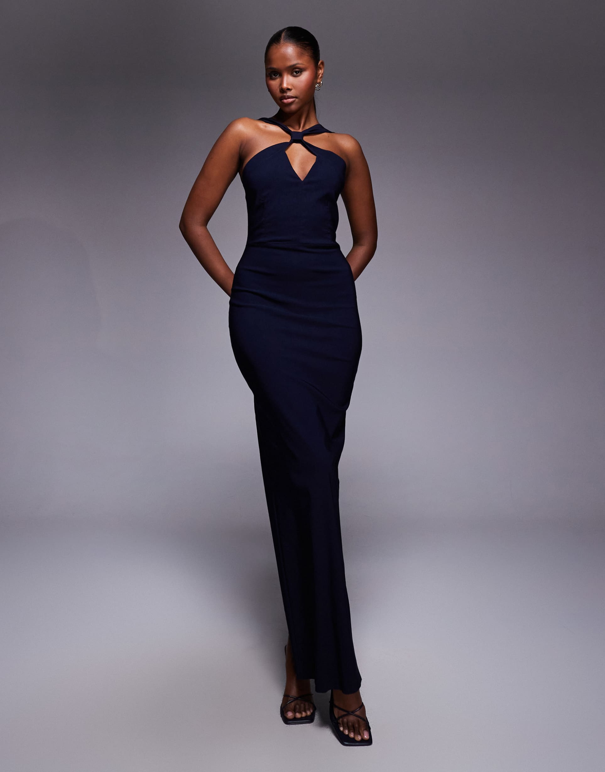 vesper bengaline keyhole halterneck maxi dress in navy