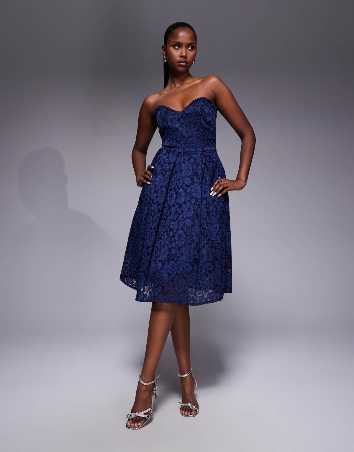 Vesper bengaline lace overlay bandeau sweetheart neckline pleat hem detail midi dress in navy