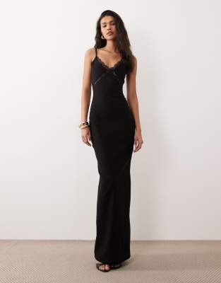 Vesper bengaline lace trim cami maxi dress in black