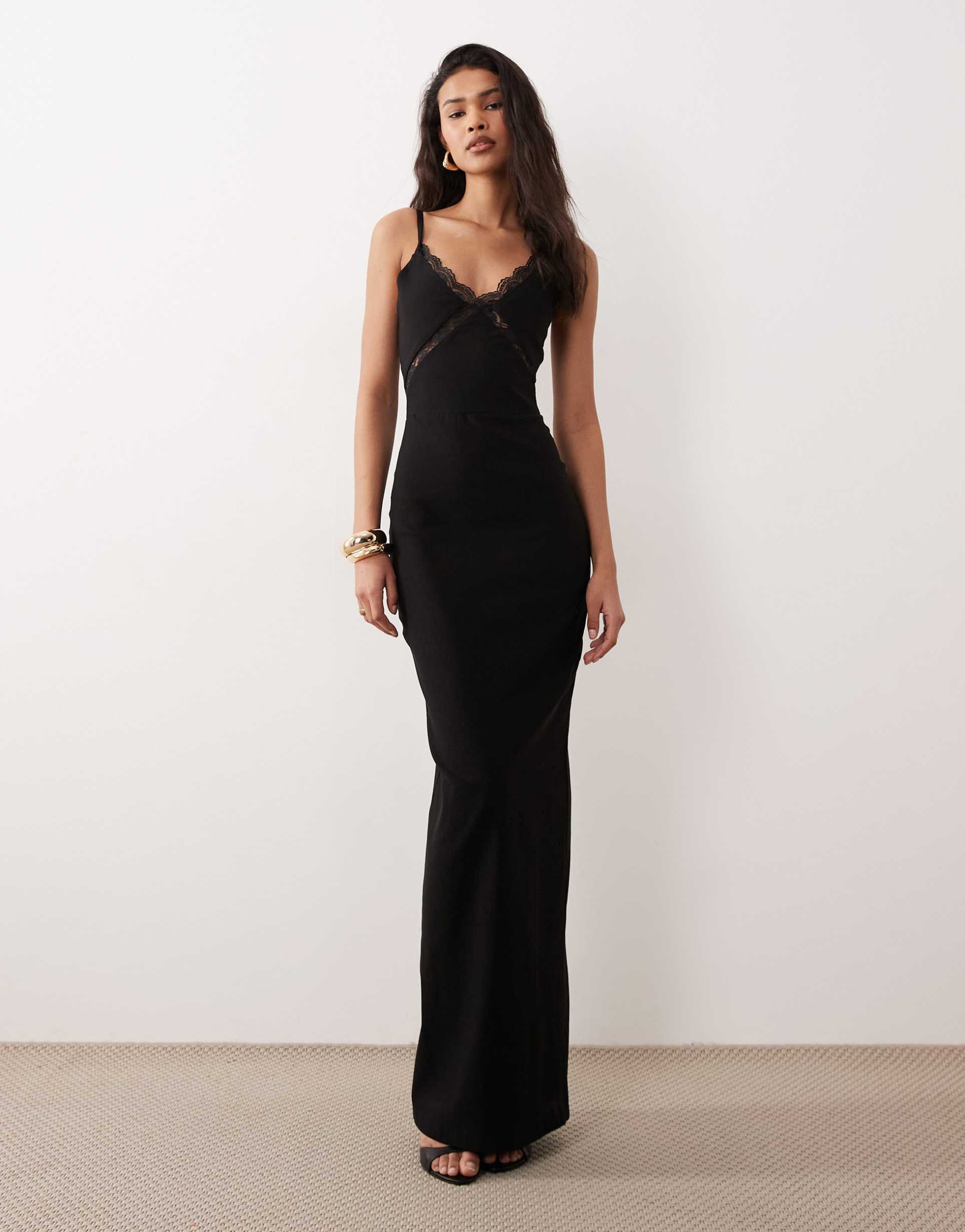 vesper bengaline lace trim cami maxi dress in black