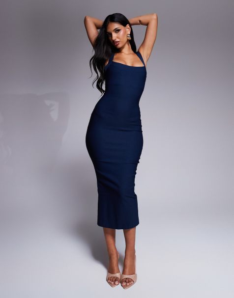 Vesper bengaline low back midi dress in navy