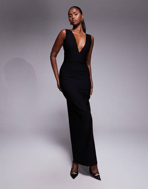 Vesper – Bengaline-Maxikleid in Schwarz mit tiefem V-Ausschnitt - view 1