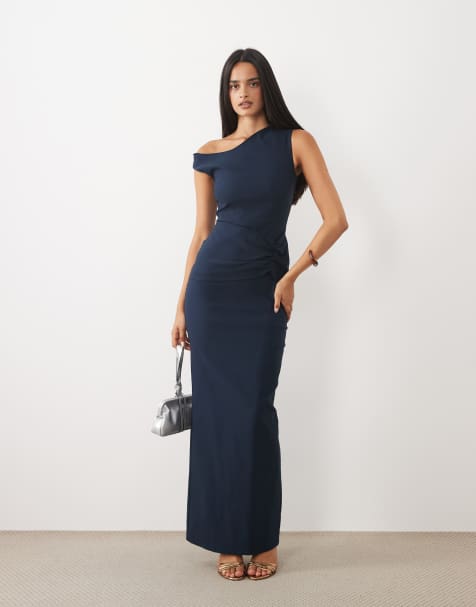 Vesper Bengaline-Maxikleid mit asymmetrischem One-Shoulder-Ausschnitt, Raffungen vorn in Marineblau - view 1