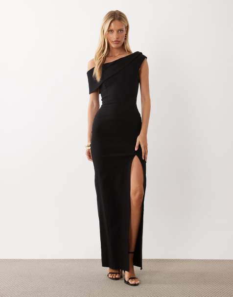 Vesper Bengaline-Maxikleid mit Drapierung und schulterfrei in Schwarz - view 1