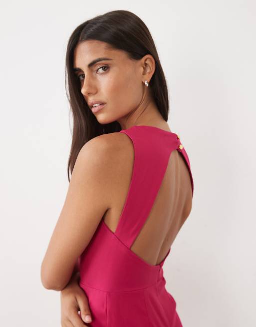 Vesper Bengaline-Maxikleid mit offenem Rücken und hohem Kragen in Fuchsia, 2 von 4