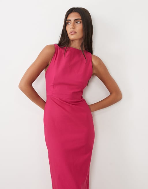 Vesper Bengaline-Maxikleid mit offenem Rücken und hohem Kragen in Fuchsia, 3 von 4